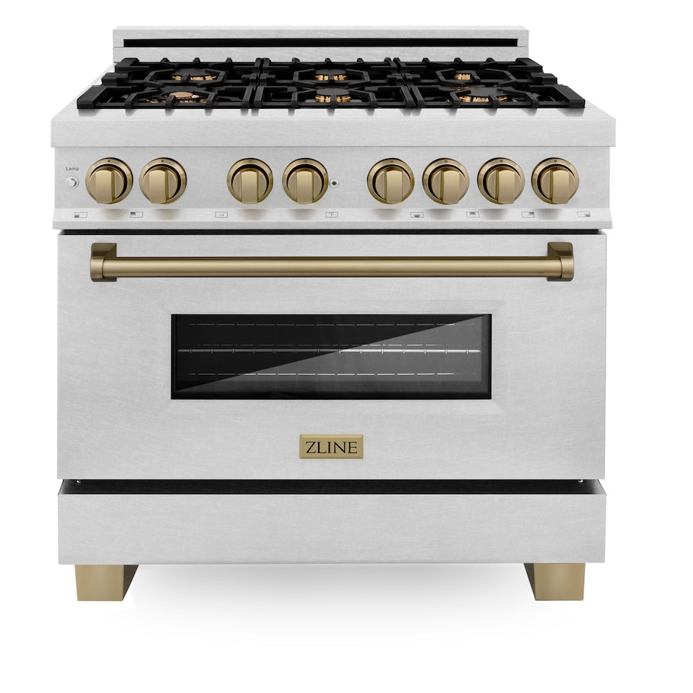 Autograph Edition 36 In. 4.6 Cu. Ft. Legacy Dual Fuel Range With 6 Burner Gas Cooktop And Electric Convection Oven In Satin Stainless Steel And Champagne Bronze Accents RASZSN36CB