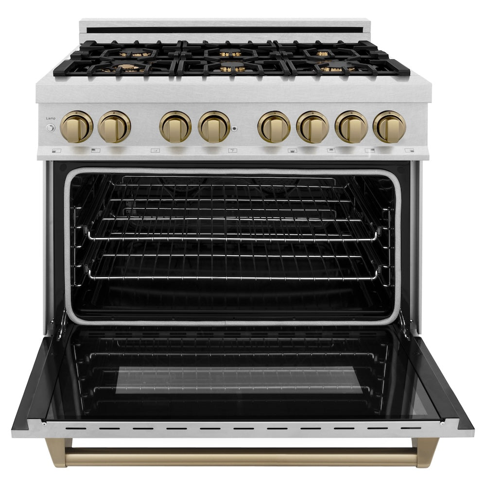 Autograph Edition 36 In. 4.6 Cu. Ft. Legacy Dual Fuel Range With 6 Burner Gas Cooktop And Electric Convection Oven In Satin Stainless Steel And Champagne Bronze Accents RASZSN36CB