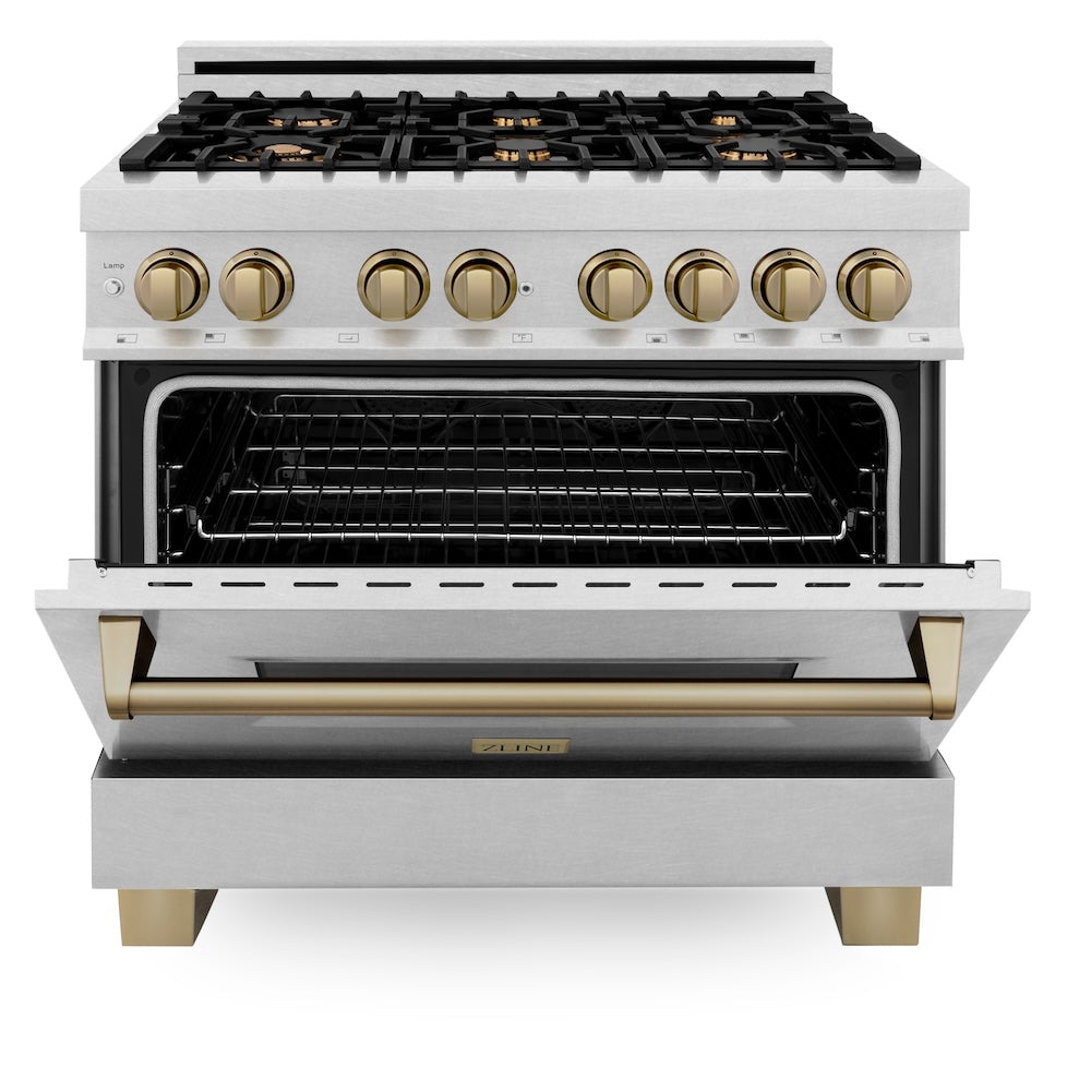 Autograph Edition 36 In. 4.6 Cu. Ft. Legacy Dual Fuel Range With 6 Burner Gas Cooktop And Electric Convection Oven In Satin Stainless Steel And Champagne Bronze Accents RASZSN36CB