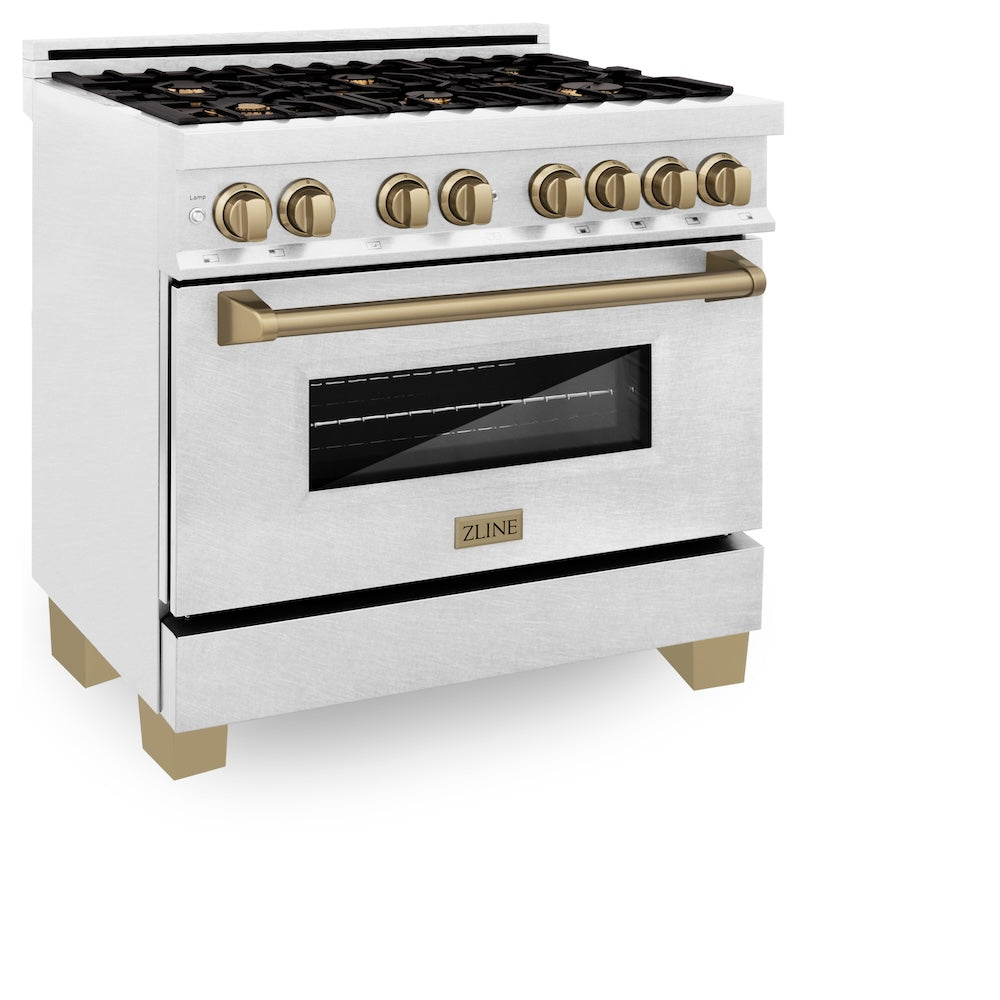 Autograph Edition 36 In. 4.6 Cu. Ft. Legacy Dual Fuel Range With 6 Burner Gas Cooktop And Electric Convection Oven In Satin Stainless Steel And Champagne Bronze Accents RASZSN36CB