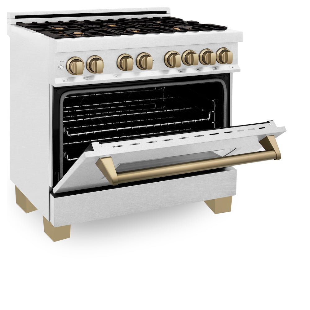 Autograph Edition 36 In. 4.6 Cu. Ft. Legacy Dual Fuel Range With 6 Burner Gas Cooktop And Electric Convection Oven In Satin Stainless Steel And Champagne Bronze Accents RASZSN36CB