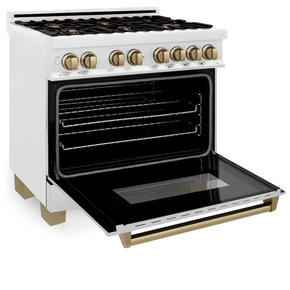 Autograph Edition 36 In. 4.6 Cu. Ft. Legacy Dual Fuel Range With 6 Burner Gas Cooktop And Electric Convection Oven In Satin Stainless Steel And Champagne Bronze Accents RASZSN36CB
