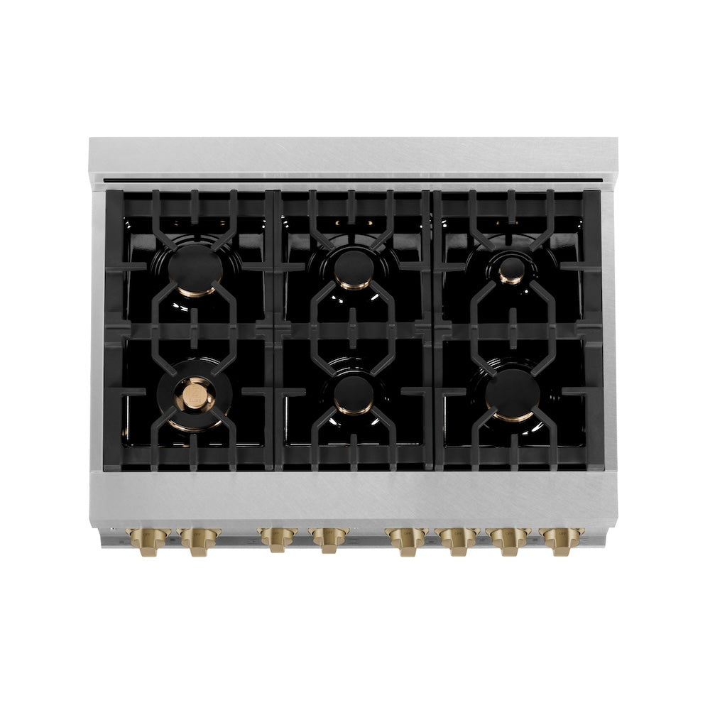 Autograph Edition 36 In. 4.6 Cu. Ft. Legacy Dual Fuel Range With 6 Burner Gas Cooktop And Electric Convection Oven In Satin Stainless Steel And Champagne Bronze Accents RASZSN36CB
