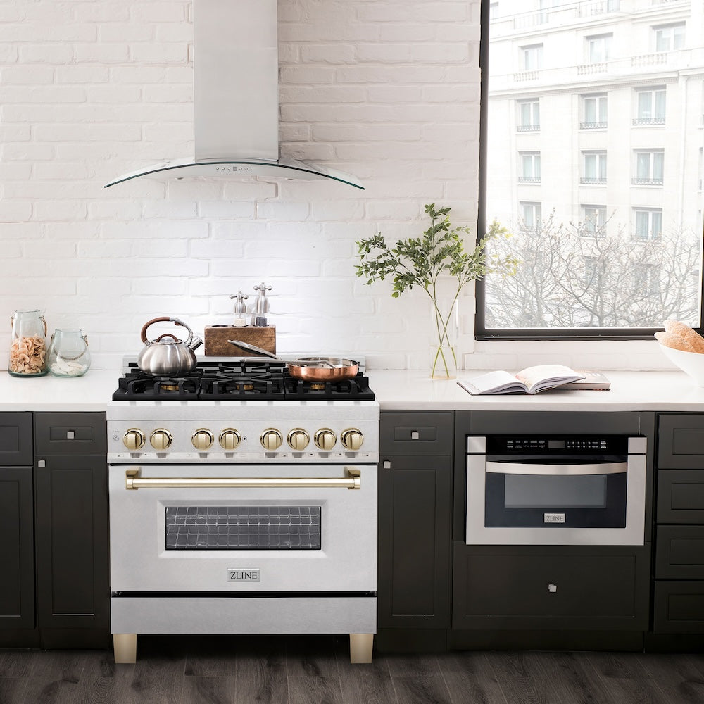 Autograph Edition 36 In. 4.6 Cu. Ft. Legacy Dual Fuel Range With 6 Burner Gas Cooktop And Electric Convection Oven In Satin Stainless Steel And Polished Gold Accents RASZSN36G