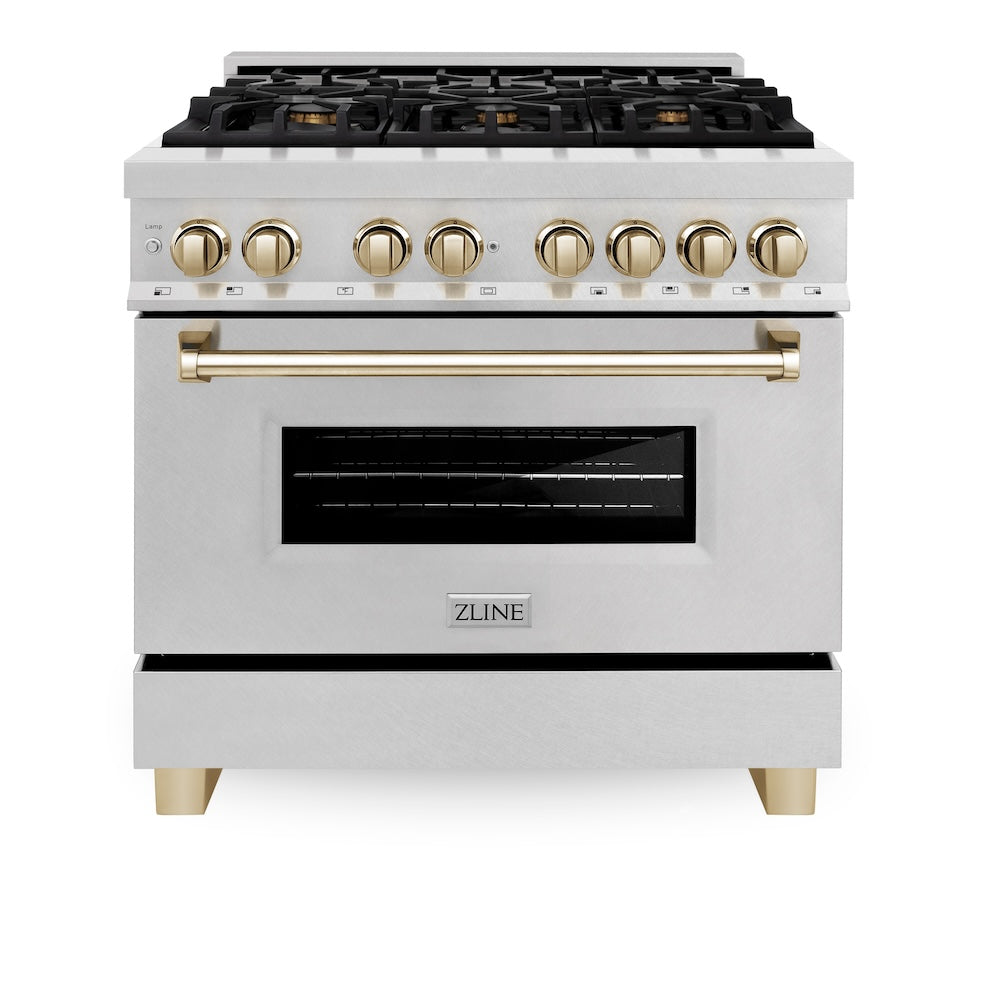 Autograph Edition 36 In. 4.6 Cu. Ft. Legacy Dual Fuel Range With 6 Burner Gas Cooktop And Electric Convection Oven In Satin Stainless Steel And Polished Gold Accents RASZSN36G