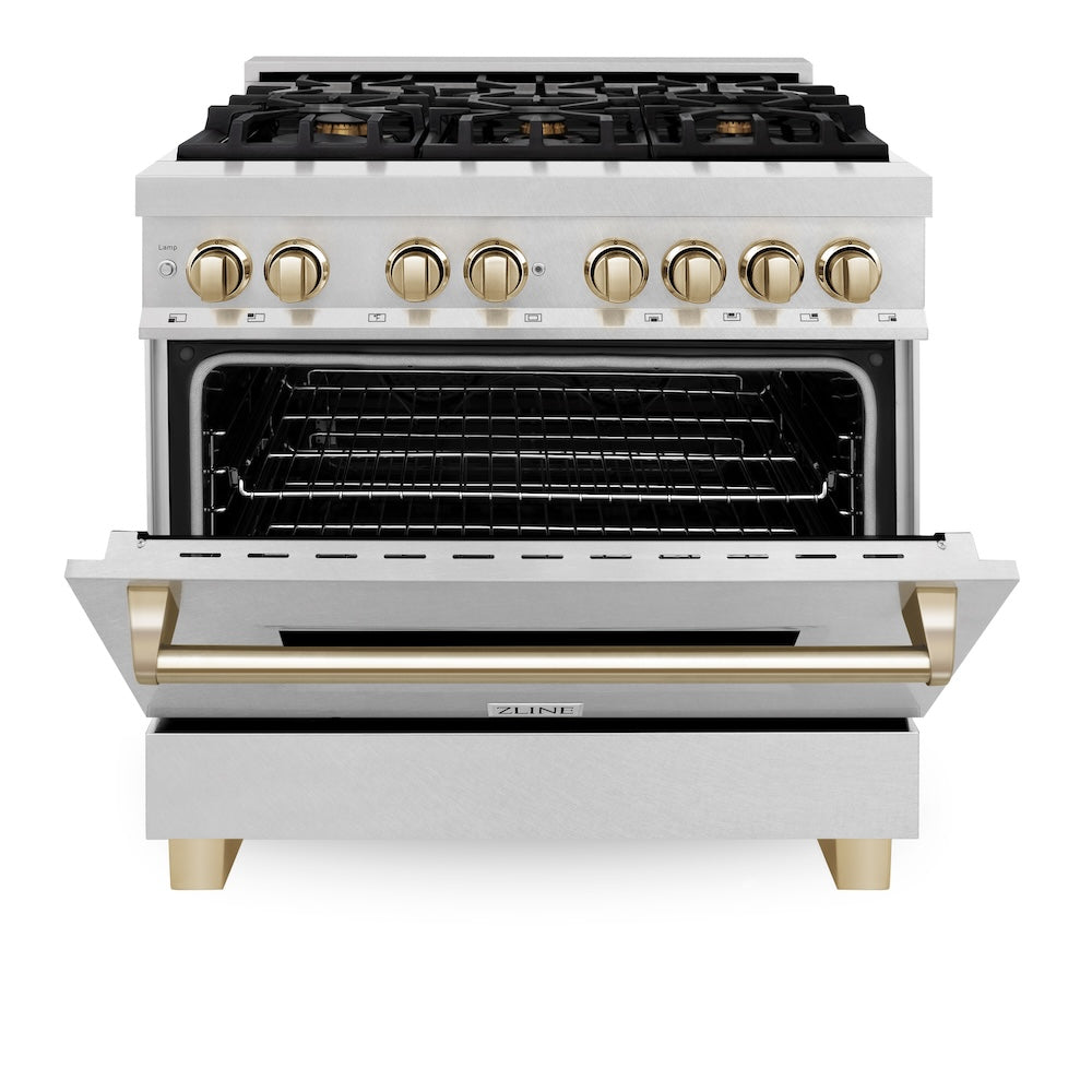 Autograph Edition 36 In. 4.6 Cu. Ft. Legacy Dual Fuel Range With 6 Burner Gas Cooktop And Electric Convection Oven In Satin Stainless Steel And Polished Gold Accents RASZSN36G