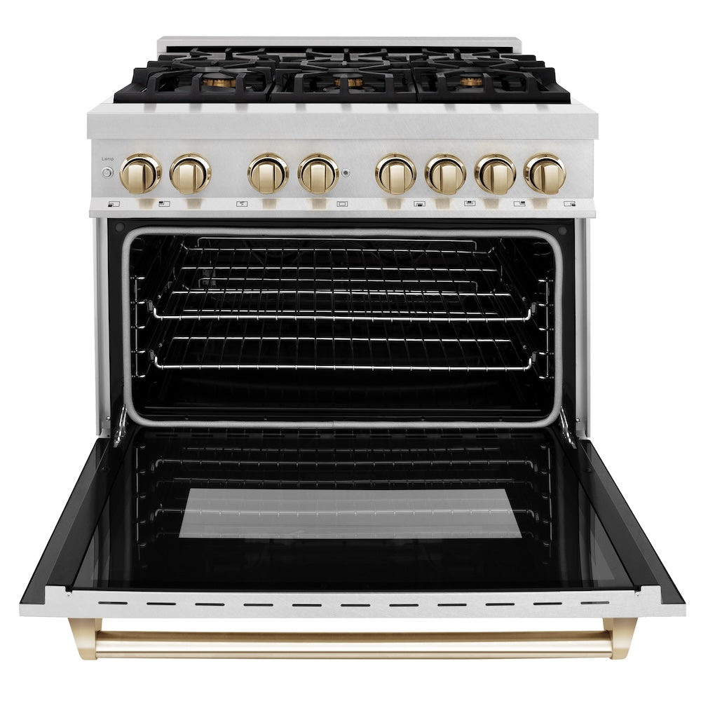 Autograph Edition 36 In. 4.6 Cu. Ft. Legacy Dual Fuel Range With 6 Burner Gas Cooktop And Electric Convection Oven In Satin Stainless Steel And Polished Gold Accents RASZSN36G