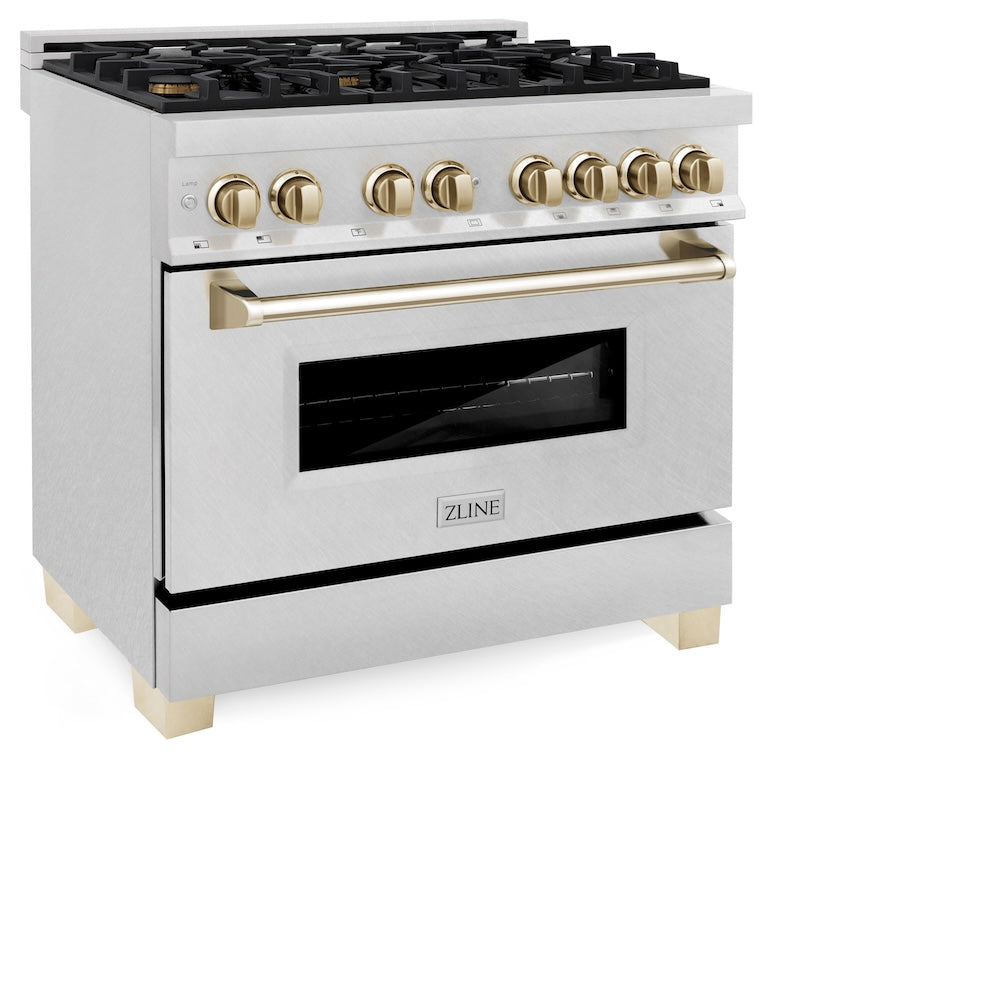 Autograph Edition 36 In. 4.6 Cu. Ft. Legacy Dual Fuel Range With 6 Burner Gas Cooktop And Electric Convection Oven In Satin Stainless Steel And Polished Gold Accents RASZSN36G