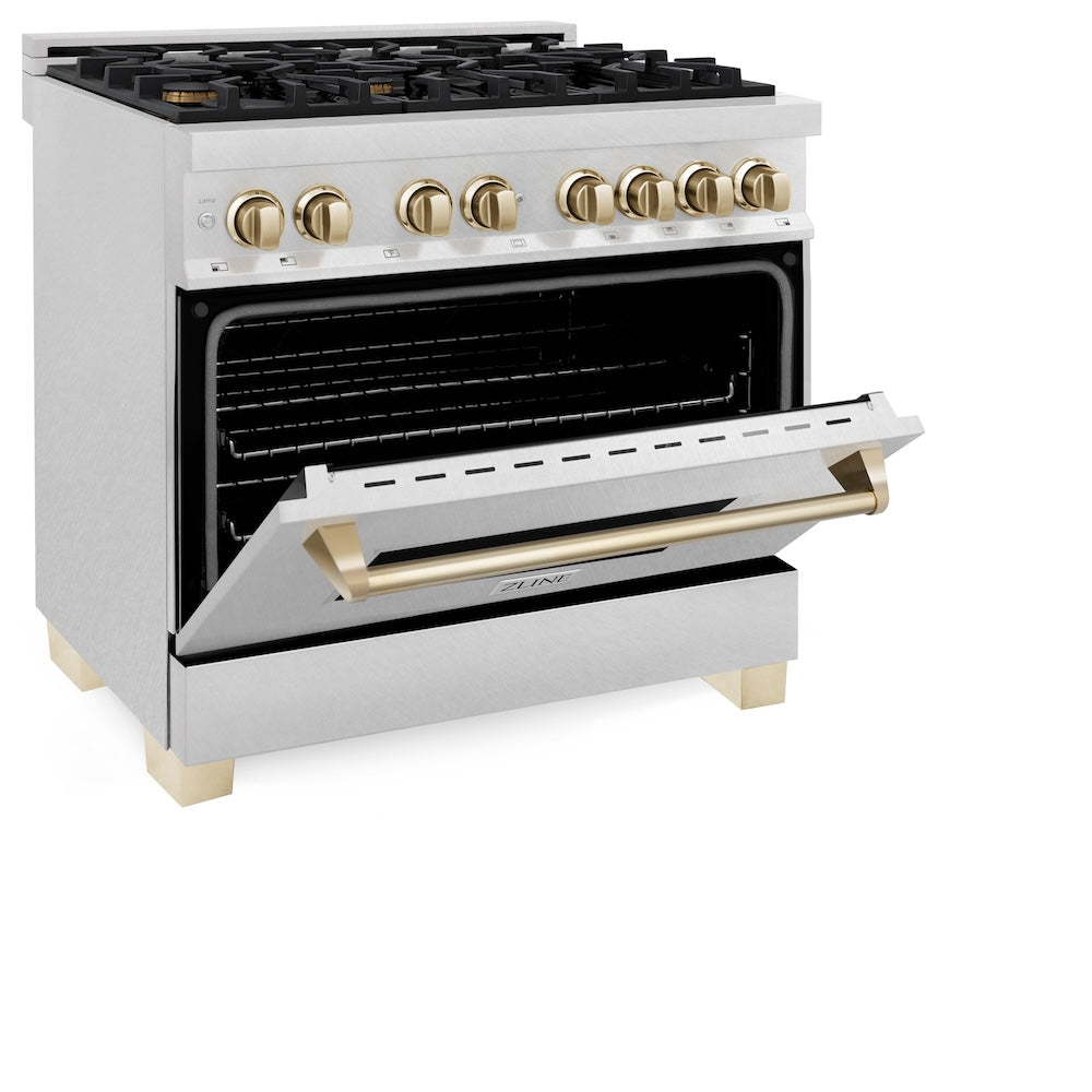Autograph Edition 36 In. 4.6 Cu. Ft. Legacy Dual Fuel Range With 6 Burner Gas Cooktop And Electric Convection Oven In Satin Stainless Steel And Polished Gold Accents RASZSN36G