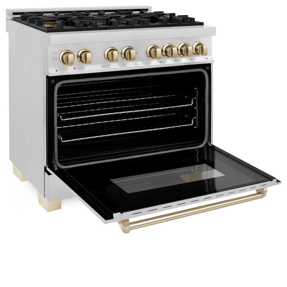 Autograph Edition 36 In. 4.6 Cu. Ft. Legacy Dual Fuel Range With 6 Burner Gas Cooktop And Electric Convection Oven In Satin Stainless Steel And Polished Gold Accents RASZSN36G