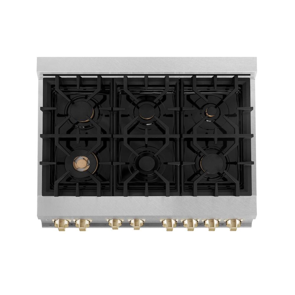 Autograph Edition 36 In. 4.6 Cu. Ft. Legacy Dual Fuel Range With 6 Burner Gas Cooktop And Electric Convection Oven In Satin Stainless Steel And Polished Gold Accents RASZSN36G