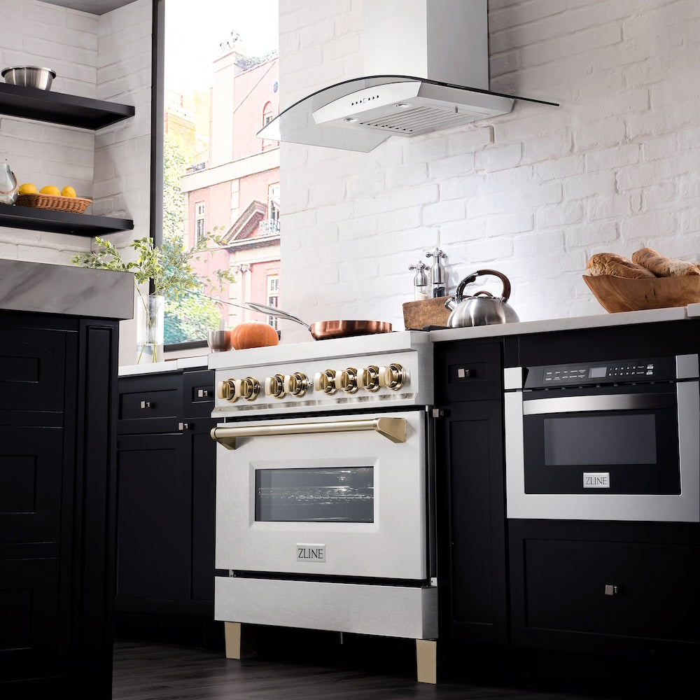 Autograph Edition 36 In. 4.6 Cu. Ft. Legacy Dual Fuel Range With 6 Burner Gas Cooktop And Electric Convection Oven In Satin Stainless Steel And Polished Gold Accents RASZSN36G