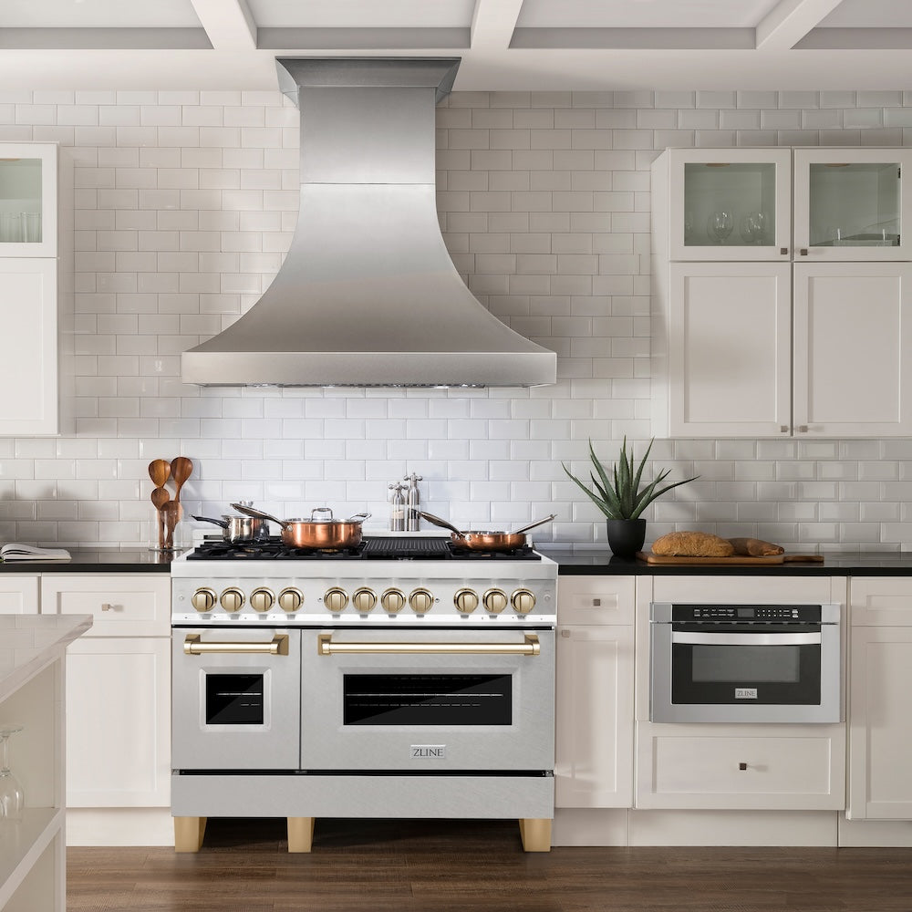 Autograph Edition 48 In. 6.0 Cu. Ft. Legacy Dual Fuel Range With 7 Burner Gas Cooktop And 2 Electric Ovens In Satin Stainless Steel And Polished Gold Accents RASZSN48G