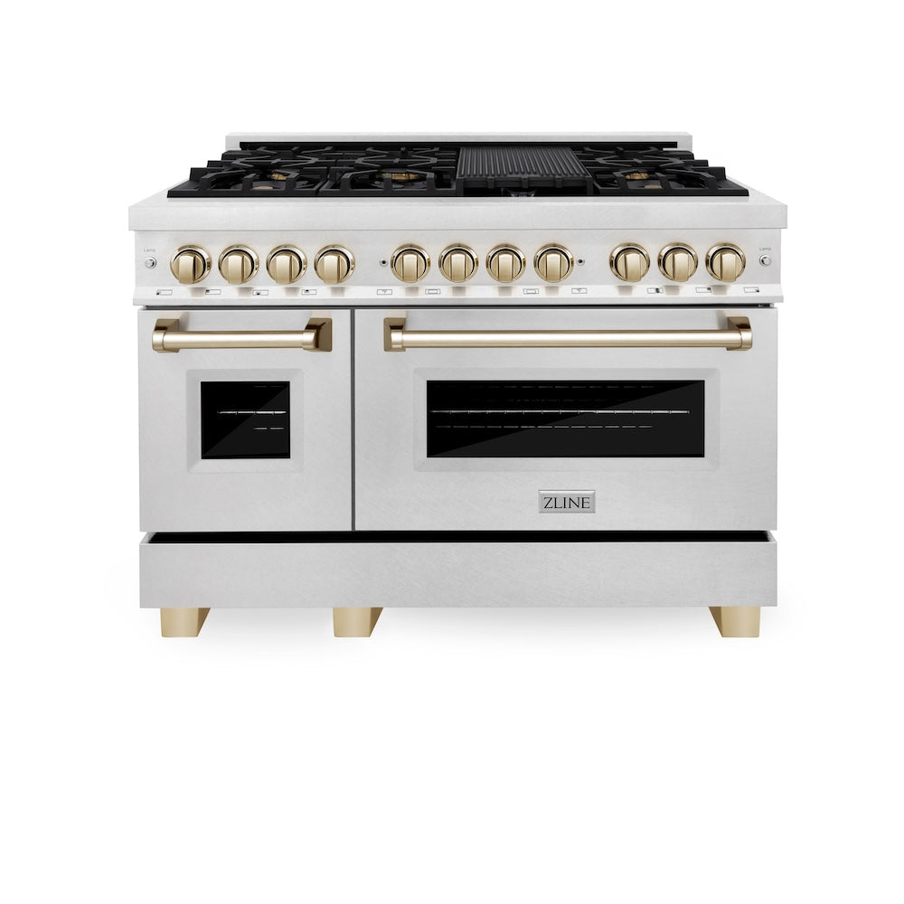 Autograph Edition 48 In. 6.0 Cu. Ft. Legacy Dual Fuel Range With 7 Burner Gas Cooktop And 2 Electric Ovens In Satin Stainless Steel And Polished Gold Accents RASZSN48G
