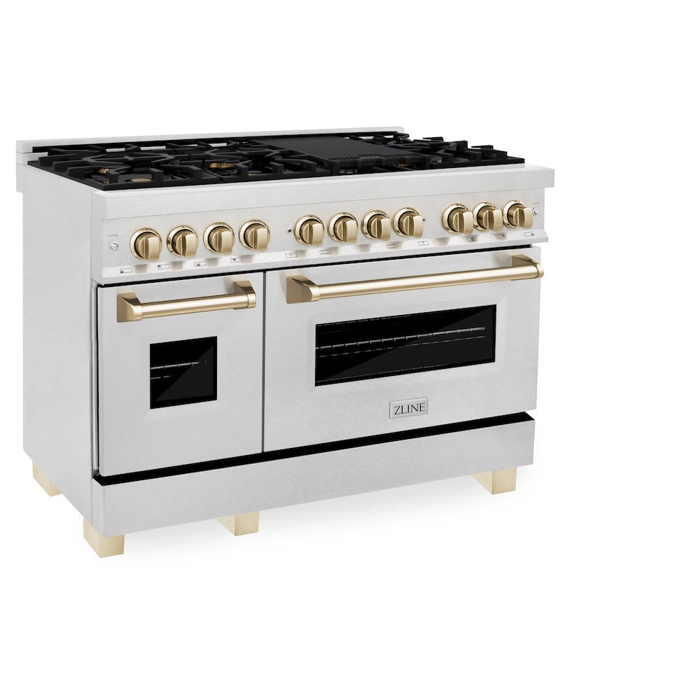 Autograph Edition 48 In. 6.0 Cu. Ft. Legacy Dual Fuel Range With 7 Burner Gas Cooktop And 2 Electric Ovens In Satin Stainless Steel And Polished Gold Accents RASZSN48G