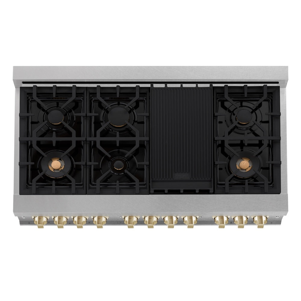 Autograph Edition 48 In. 6.0 Cu. Ft. Legacy Dual Fuel Range With 7 Burner Gas Cooktop And 2 Electric Ovens In Satin Stainless Steel And Polished Gold Accents RASZSN48G