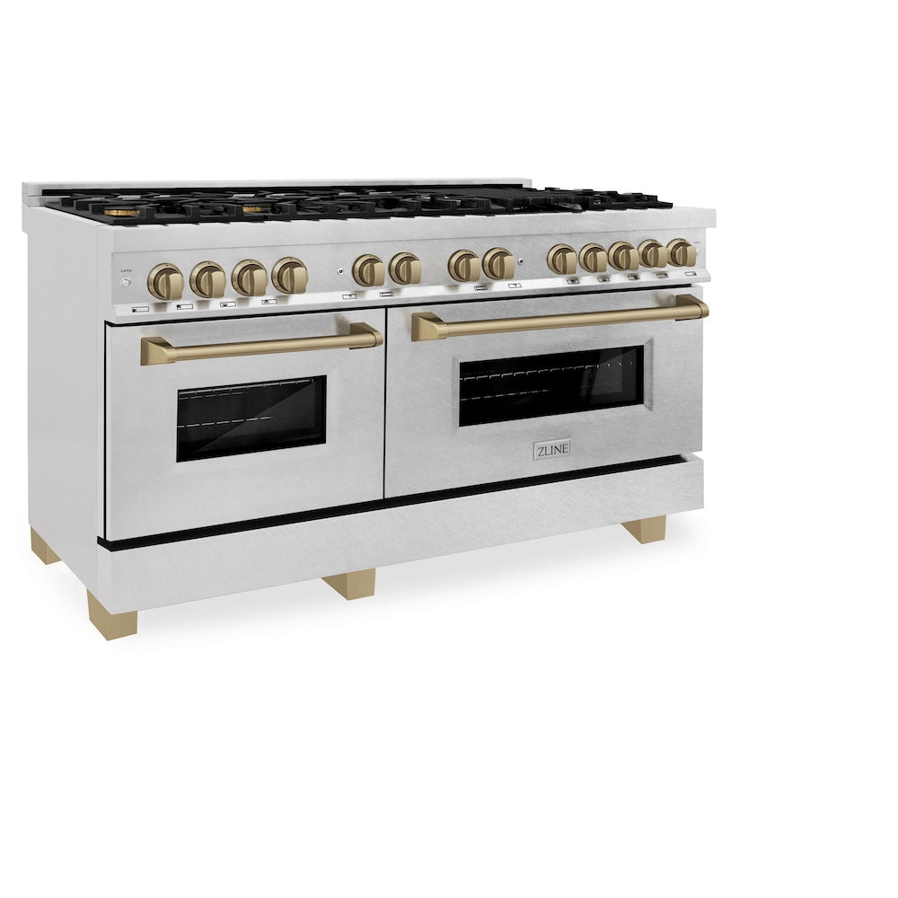 Autograph Edition 60 In. 7.4 Cu. Ft. Legacy Dual Fuel Range With 9 Burner Gas Cooktop And 2 Electric Convection Ovens In Satin Stainless Steel And Champagne Bronze Accents RASZSN60CB