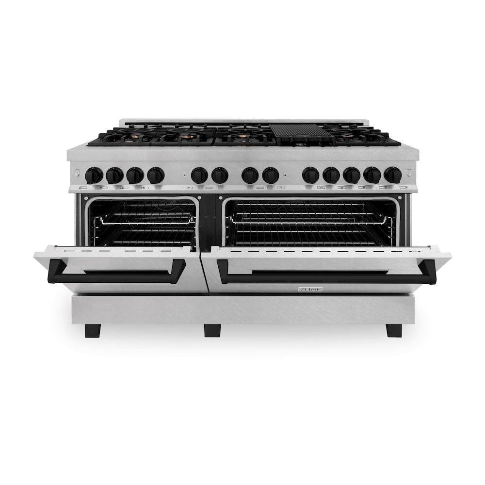 Autograph Edition 60 In. 7.4 Cu. Ft. Legacy Dual Fuel Range With 9 Burner Gas Cooktop And 2 Electric Convection Ovens In Satin Stainless Steel And Matte Black Accents RASZSN60MB