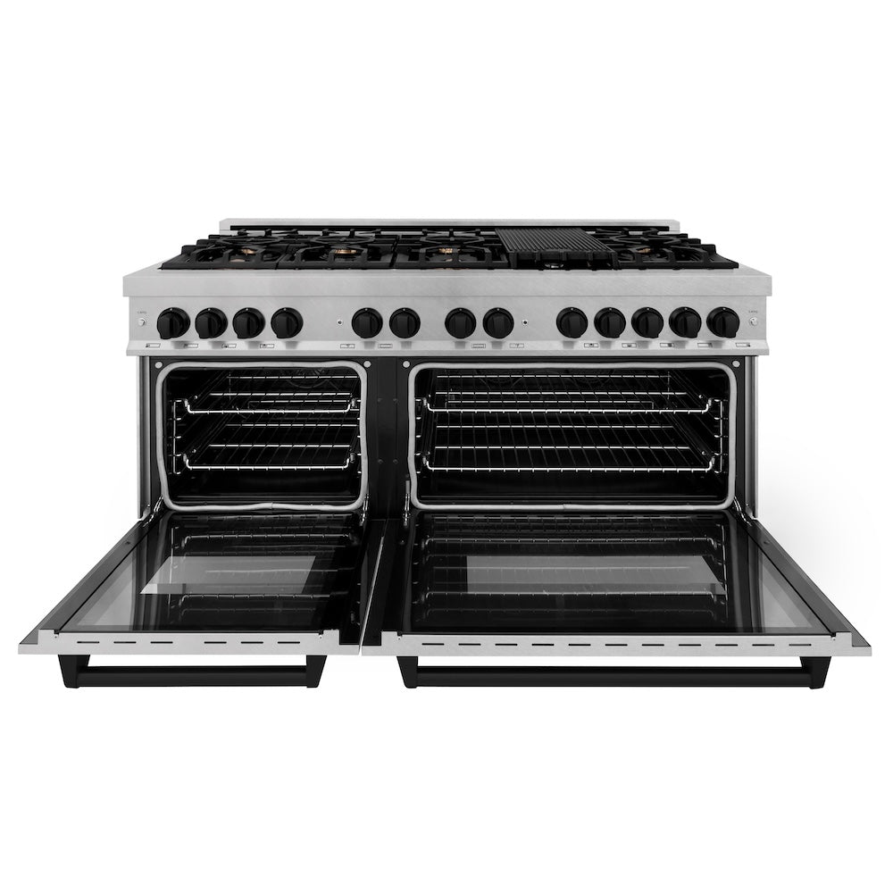 Autograph Edition 60 In. 7.4 Cu. Ft. Legacy Dual Fuel Range With 9 Burner Gas Cooktop And 2 Electric Convection Ovens In Satin Stainless Steel And Matte Black Accents RASZSN60MB