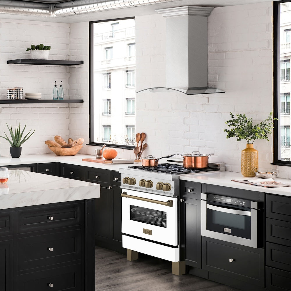 Autograph Edition 30 In. 4.0 Cu. Ft. Legacy Dual Fuel Range With 4 Burner Gas Cooktop And Electric Convection Oven In Satin Stainless Steel With White Matte Door And Champagne Bronze Accents RASZWM30CB