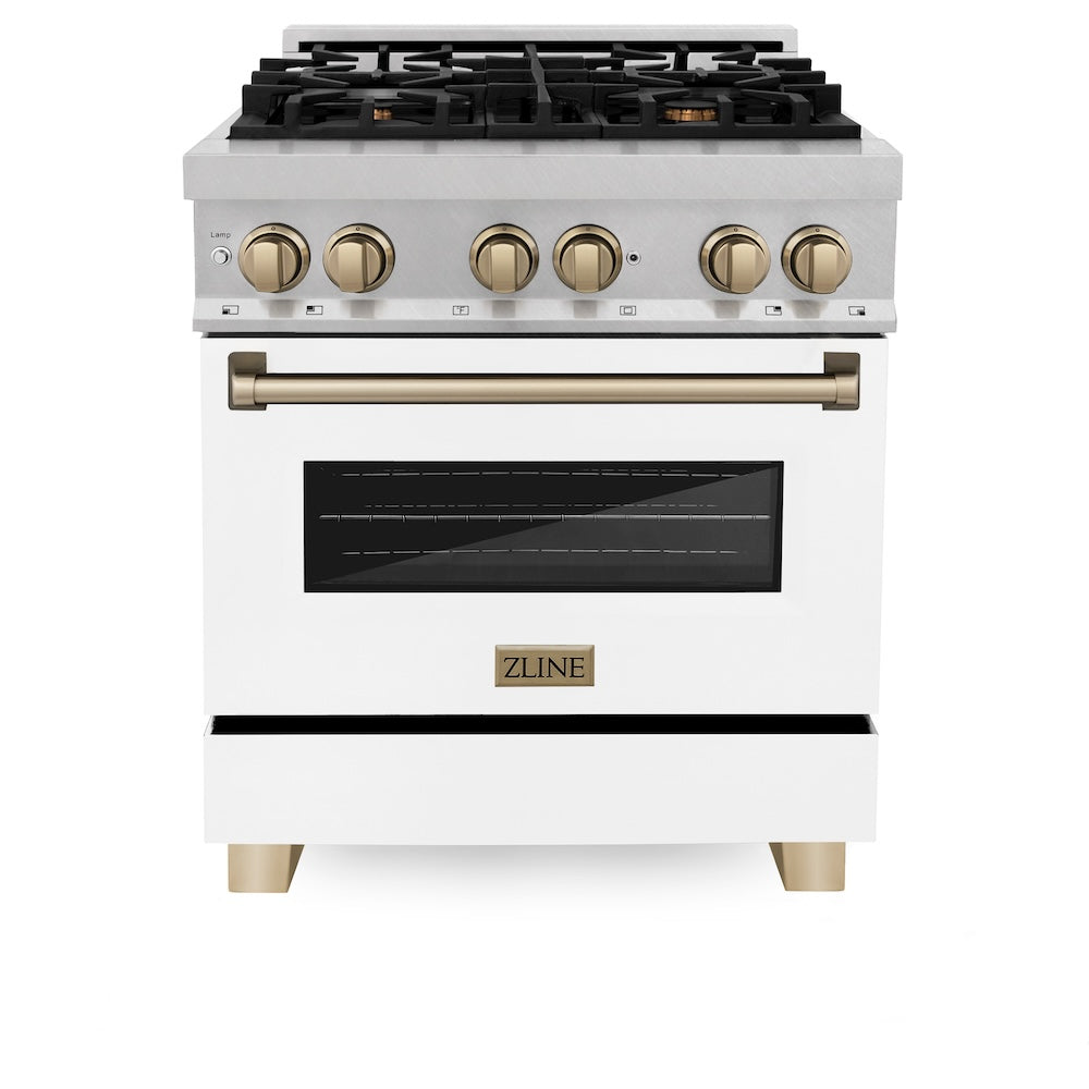 Autograph Edition 30 In. 4.0 Cu. Ft. Legacy Dual Fuel Range With 4 Burner Gas Cooktop And Electric Convection Oven In Satin Stainless Steel With White Matte Door And Champagne Bronze Accents RASZWM30CB