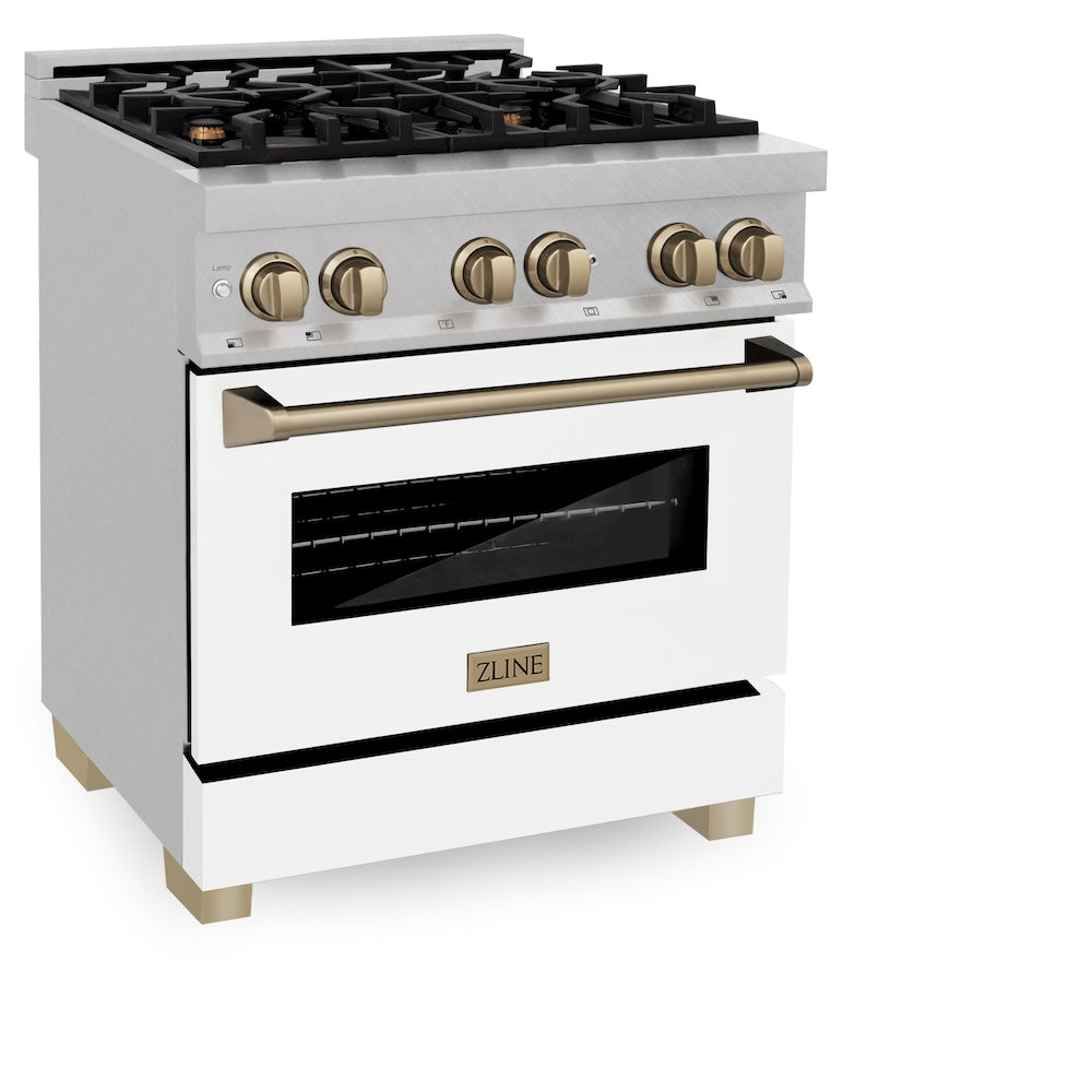 Autograph Edition 30 In. 4.0 Cu. Ft. Legacy Dual Fuel Range With 4 Burner Gas Cooktop And Electric Convection Oven In Satin Stainless Steel With White Matte Door And Champagne Bronze Accents RASZWM30CB