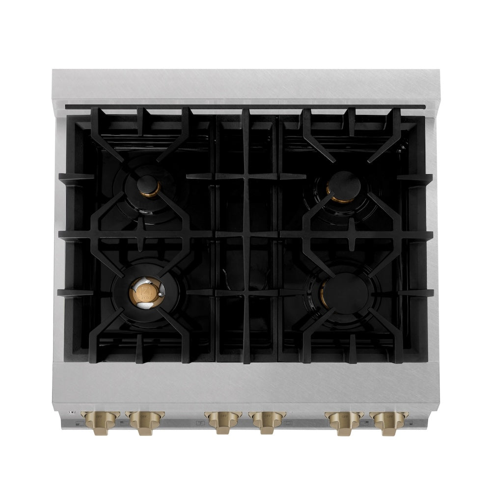 Autograph Edition 30 In. 4.0 Cu. Ft. Legacy Dual Fuel Range With 4 Burner Gas Cooktop And Electric Convection Oven In Satin Stainless Steel With White Matte Door And Champagne Bronze Accents RASZWM30CB