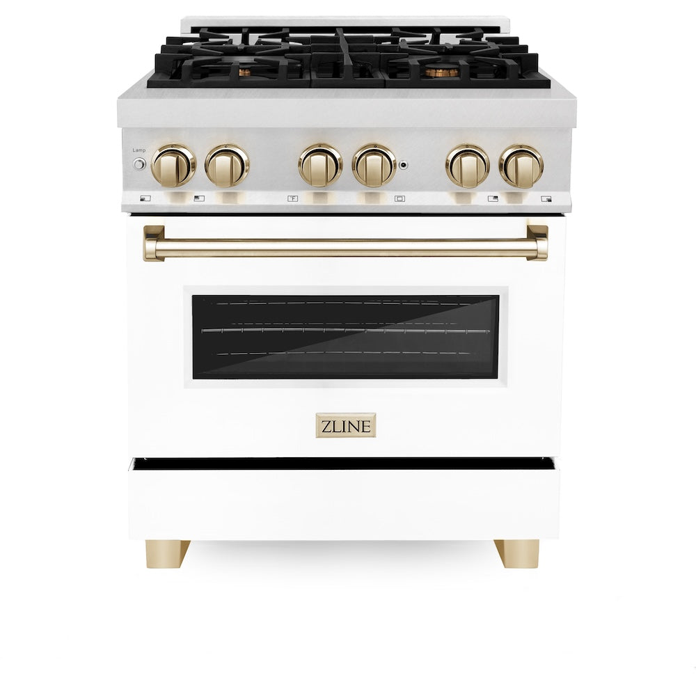 Autograph Edition 30 In. 4.0 Cu. Ft. Legacy Dual Fuel Range With 4 Burner Gas Cooktop And Electric Convection Oven In Satin Stainless Steel With White Matte Door And Polished Gold Accents RASZWM30G
