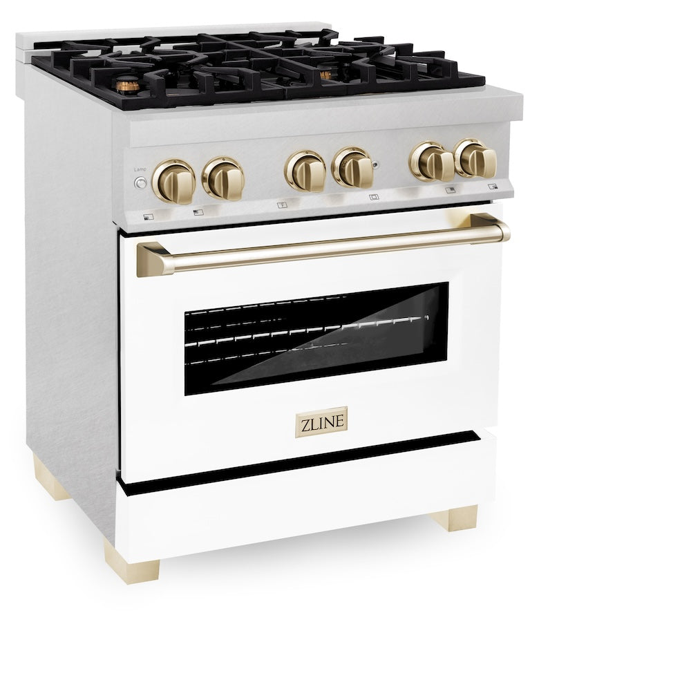 Autograph Edition 30 In. 4.0 Cu. Ft. Legacy Dual Fuel Range With 4 Burner Gas Cooktop And Electric Convection Oven In Satin Stainless Steel With White Matte Door And Polished Gold Accents RASZWM30G