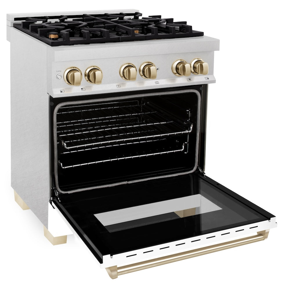 Autograph Edition 30 In. 4.0 Cu. Ft. Legacy Dual Fuel Range With 4 Burner Gas Cooktop And Electric Convection Oven In Satin Stainless Steel With White Matte Door And Polished Gold Accents RASZWM30G