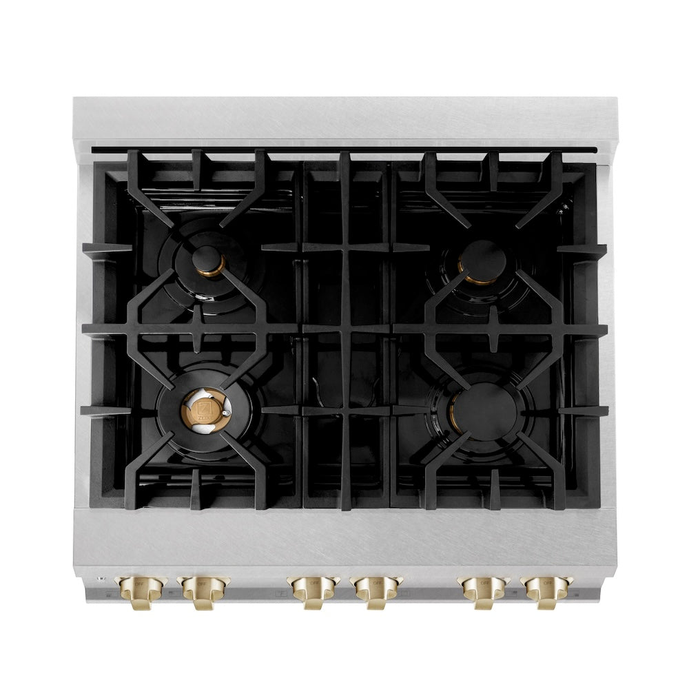 Autograph Edition 30 In. 4.0 Cu. Ft. Legacy Dual Fuel Range With 4 Burner Gas Cooktop And Electric Convection Oven In Satin Stainless Steel With White Matte Door And Polished Gold Accents RASZWM30G