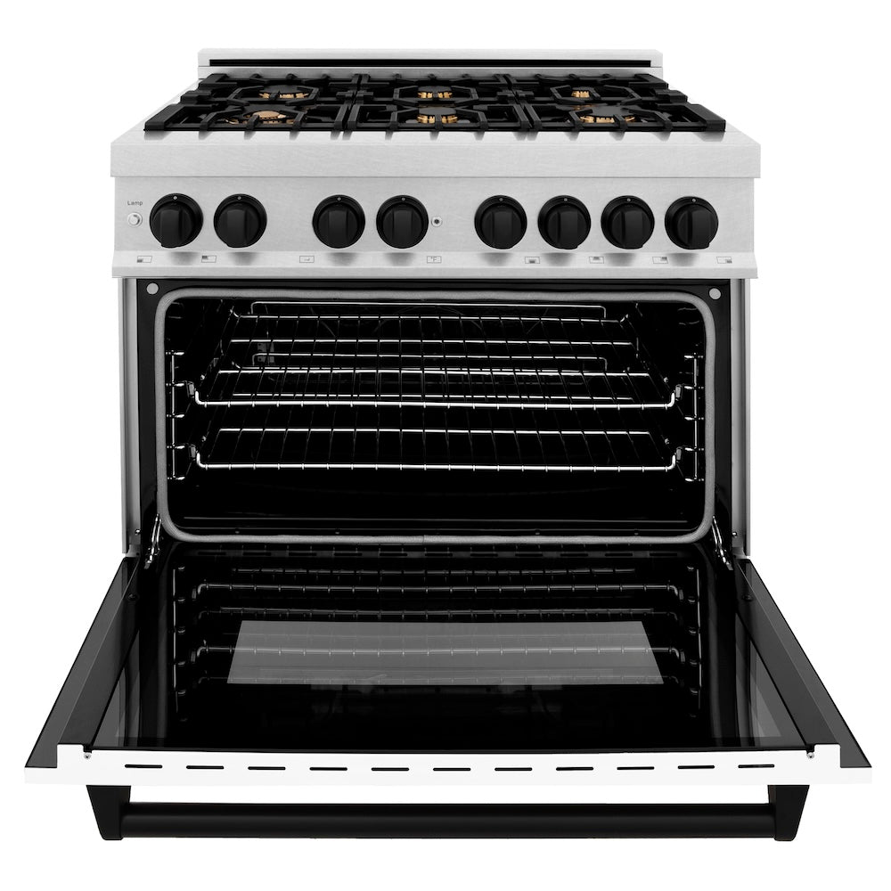 Autograph Edition 36 In. 4.6 Cu. Ft. Legacy Dual Fuel Range With 6 Burner Gas Cooktop And Electric Convection Oven In Satin Stainless Steel With White Matte Door And Matte Black Accents RASZWM36MB