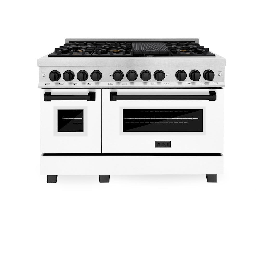 Autograph Edition 48 In. 6.0 Cu. Ft. Legacy Dual Fuel Range With 7 Burner Gas Cooktop And 2 Electric Ovens In Satin Stainless Steel With White Matte Doors And Matte Black Accents RASZWM48MB
