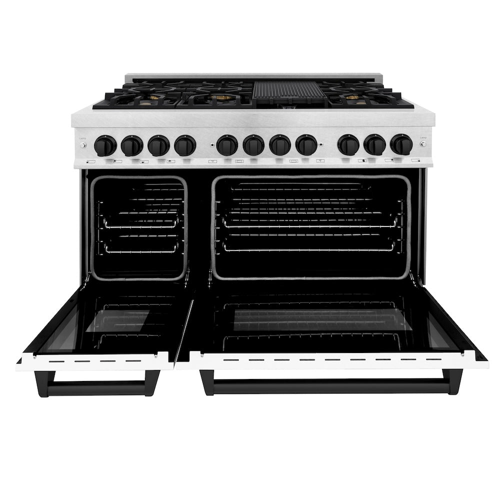 Autograph Edition 48 In. 6.0 Cu. Ft. Legacy Dual Fuel Range With 7 Burner Gas Cooktop And 2 Electric Ovens In Satin Stainless Steel With White Matte Doors And Matte Black Accents RASZWM48MB