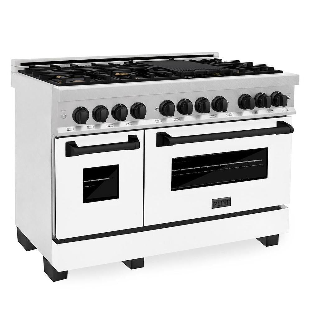 Autograph Edition 48 In. 6.0 Cu. Ft. Legacy Dual Fuel Range With 7 Burner Gas Cooktop And 2 Electric Ovens In Satin Stainless Steel With White Matte Doors And Matte Black Accents RASZWM48MB