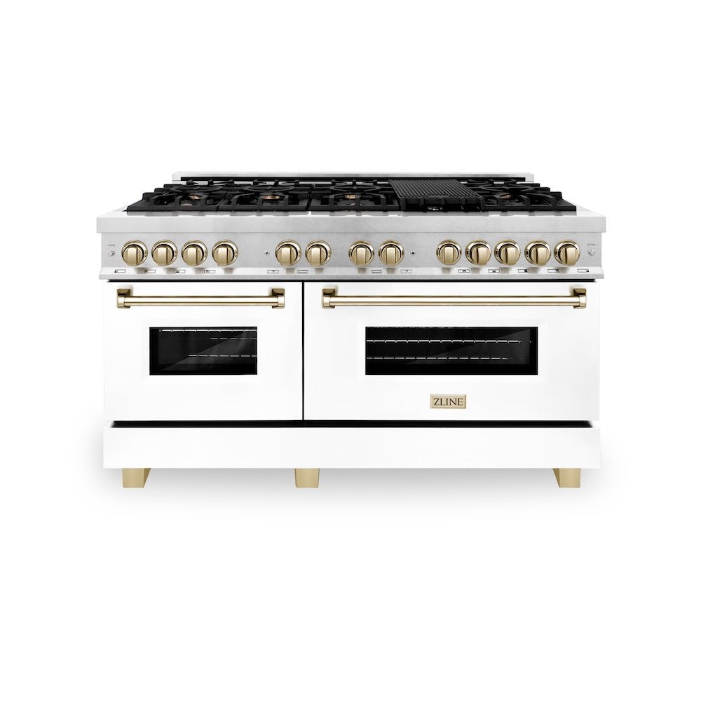 Autograph Edition 60 In. 7.4 Cu. Ft. Legacy Dual Fuel Range With 9 Burner Gas Cooktop And 2 Electric Convection Ovens In Satin Stainless Steel With White Matte Doors And Polished Gold Accents RASZWM60G