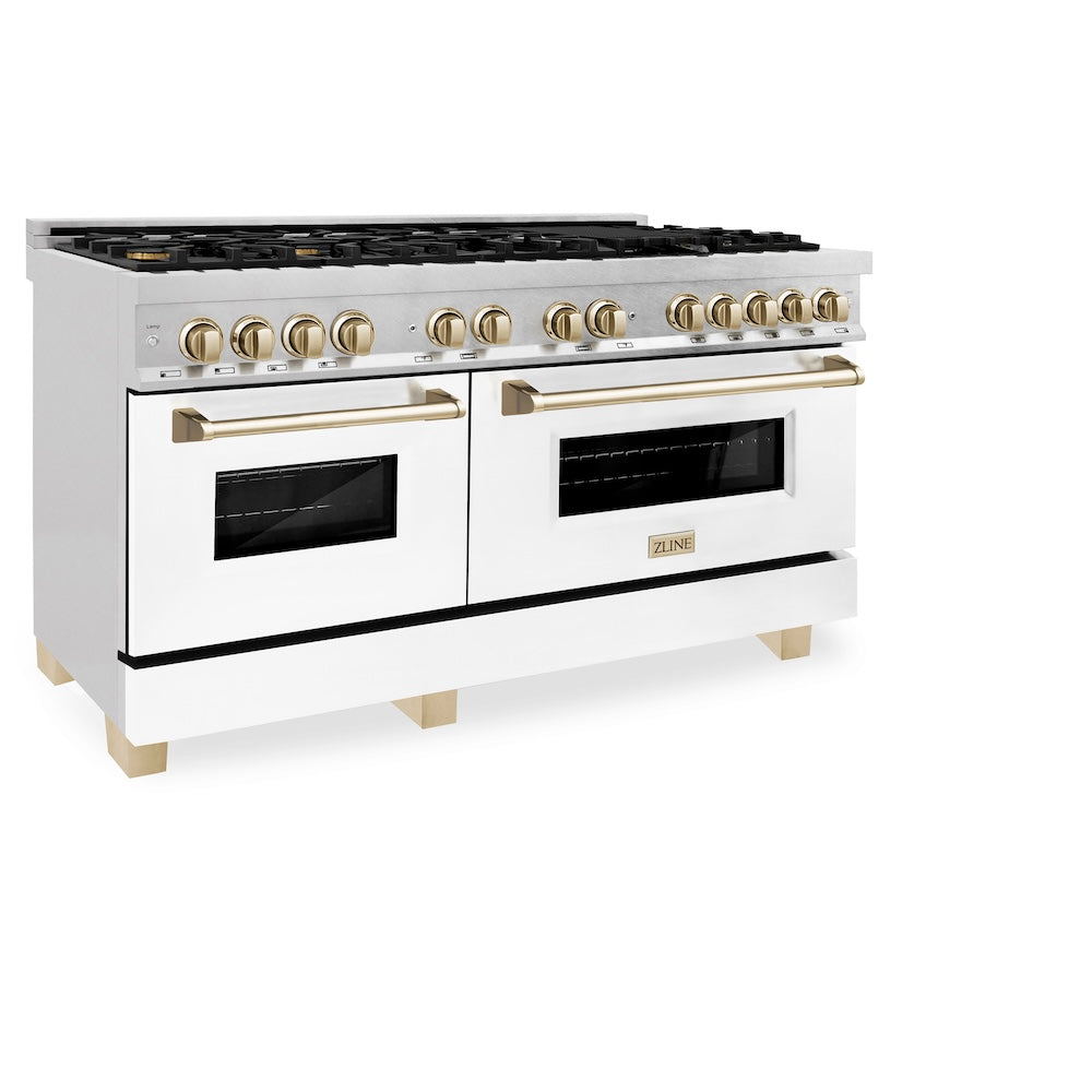 Autograph Edition 60 In. 7.4 Cu. Ft. Legacy Dual Fuel Range With 9 Burner Gas Cooktop And 2 Electric Convection Ovens In Satin Stainless Steel With White Matte Doors And Polished Gold Accents RASZWM60G