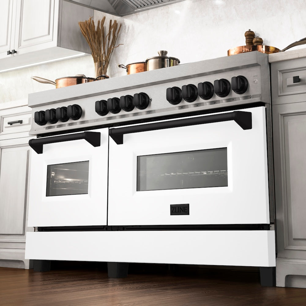 Autograph Edition 60 In. 7.4 Cu. Ft. Legacy Dual Fuel Range With 9 Burner Gas Cooktop And 2 Electric Convection Ovens In Satin Stainless Steel With White Matte Doors And Matte Black Accents RASZWM60MB