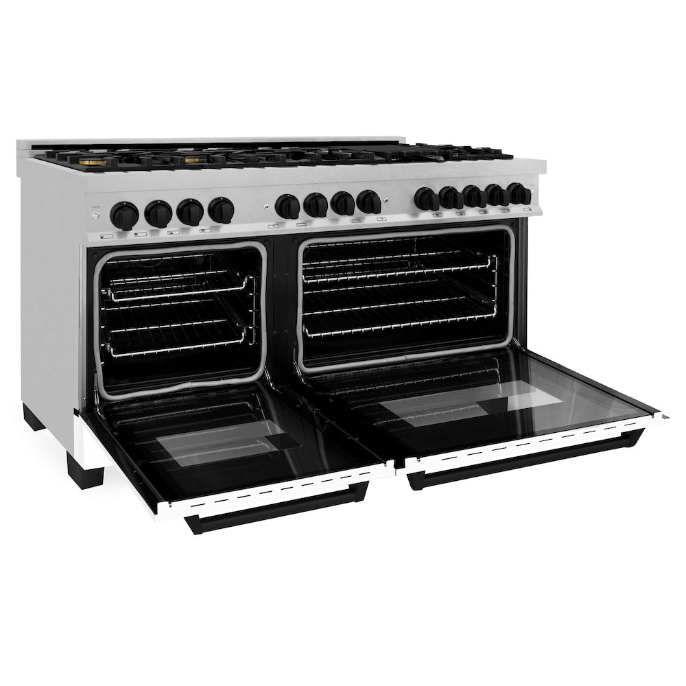 Autograph Edition 60 In. 7.4 Cu. Ft. Legacy Dual Fuel Range With 9 Burner Gas Cooktop And 2 Electric Convection Ovens In Satin Stainless Steel With White Matte Doors And Matte Black Accents RASZWM60MB