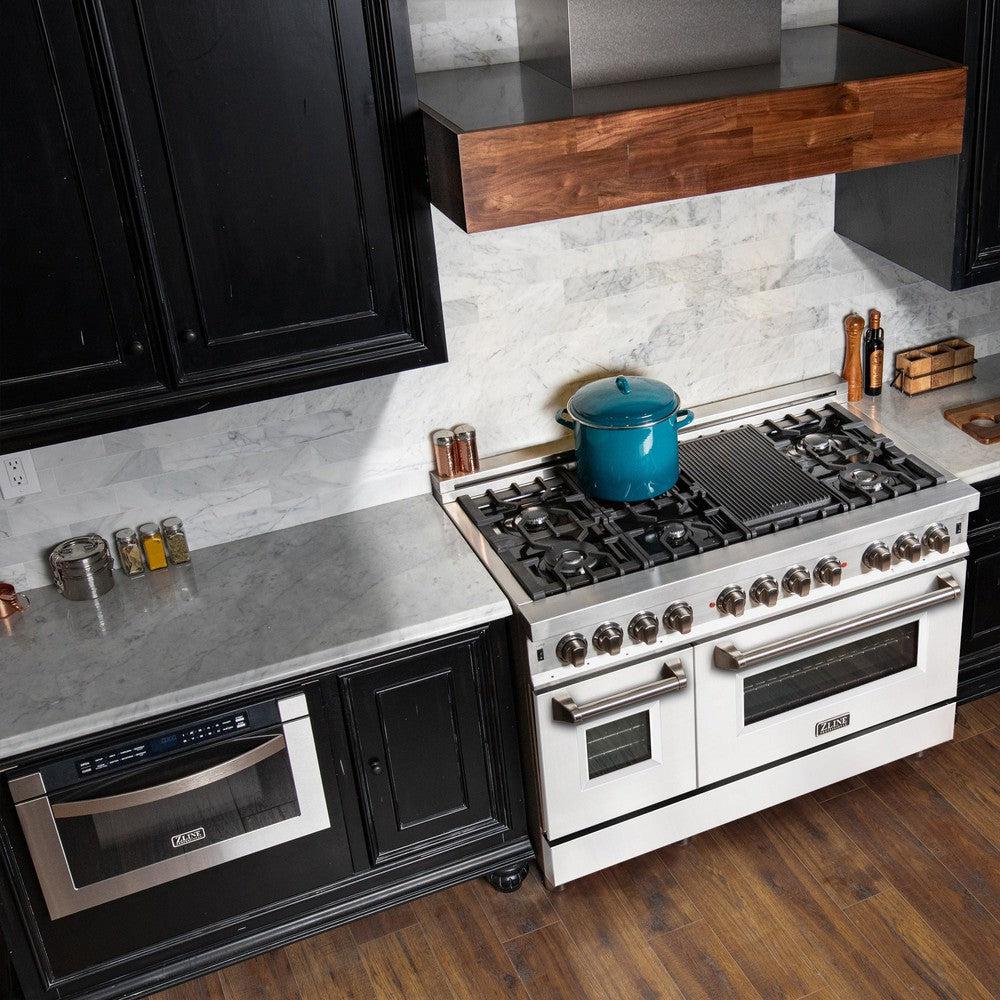 48 In. 6.0 Cu. Ft. Legacy Dual Fuel Range With 7 Burner Gas Cooktop And 2 Electric Ovens In Stainless Steel And White Matte Doors RAWM48