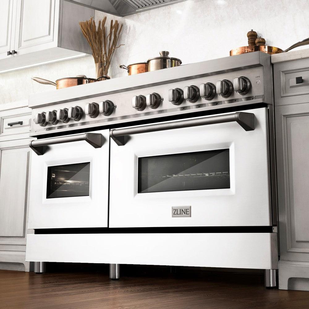 60 In. 7.4 Cu. Ft. Legacy Dual Fuel Range With 9 Burner Gas Cooktop And 2 Electric Convection Ovens In Stainless Steel And White Matte Doors RAWM60