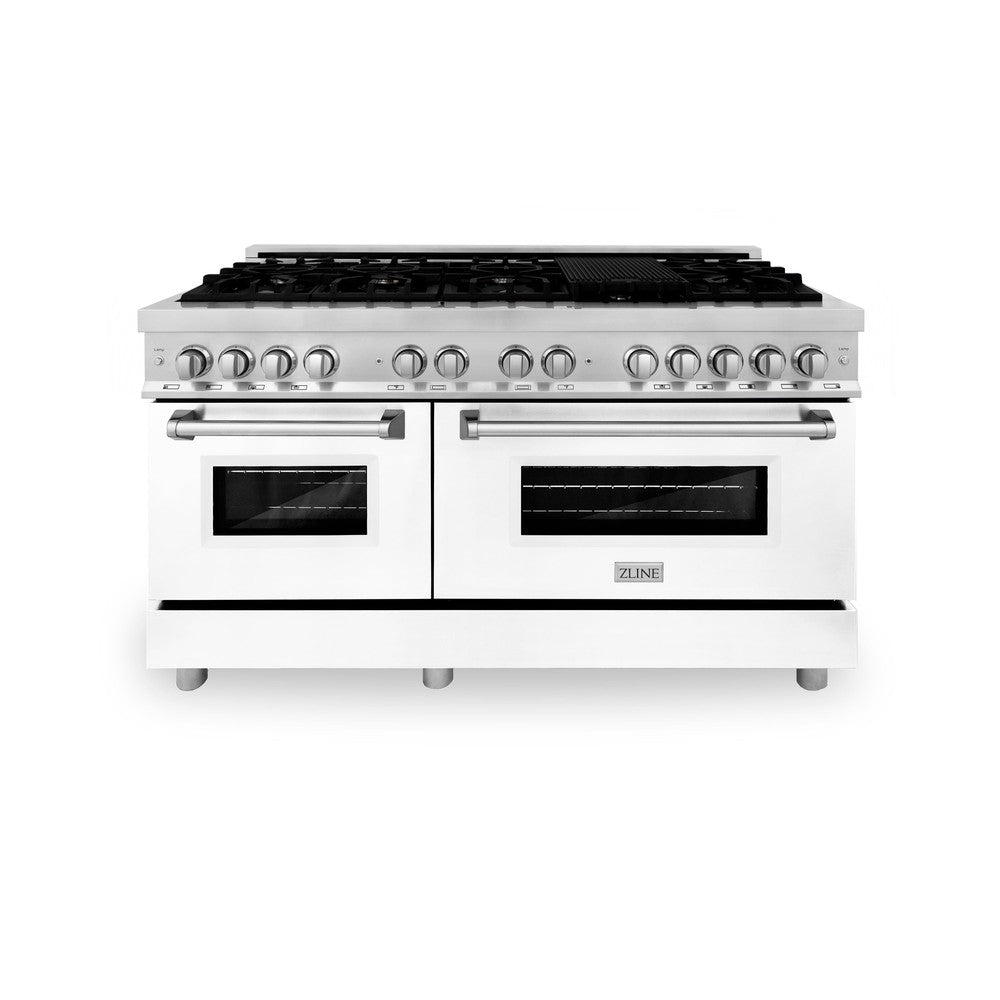 60 In. 7.4 Cu. Ft. Legacy Dual Fuel Range With 9 Burner Gas Cooktop And 2 Electric Convection Ovens In Stainless Steel And White Matte Doors RAWM60