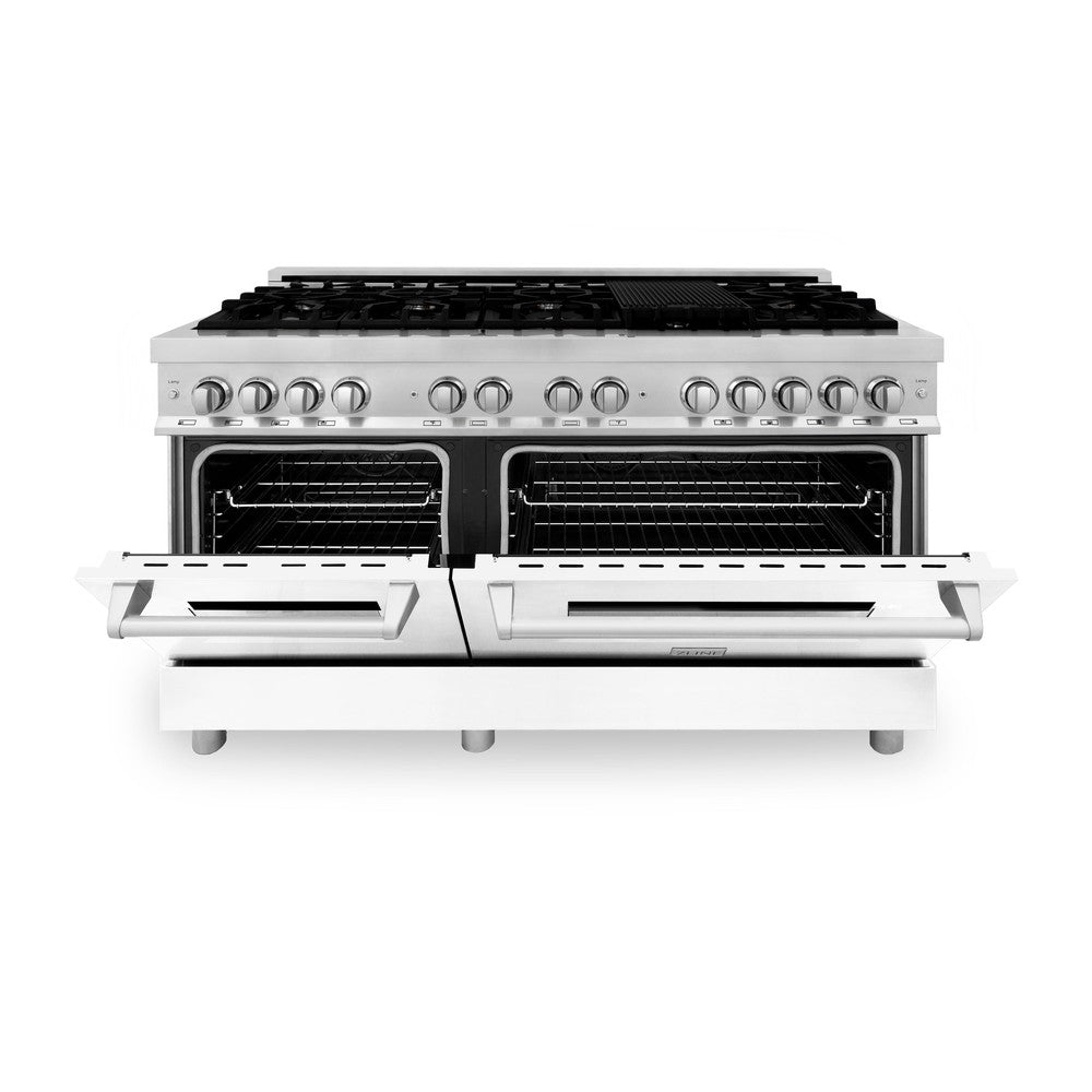 60 In. 7.4 Cu. Ft. Legacy Dual Fuel Range With 9 Burner Gas Cooktop And 2 Electric Convection Ovens In Stainless Steel And White Matte Doors RAWM60
