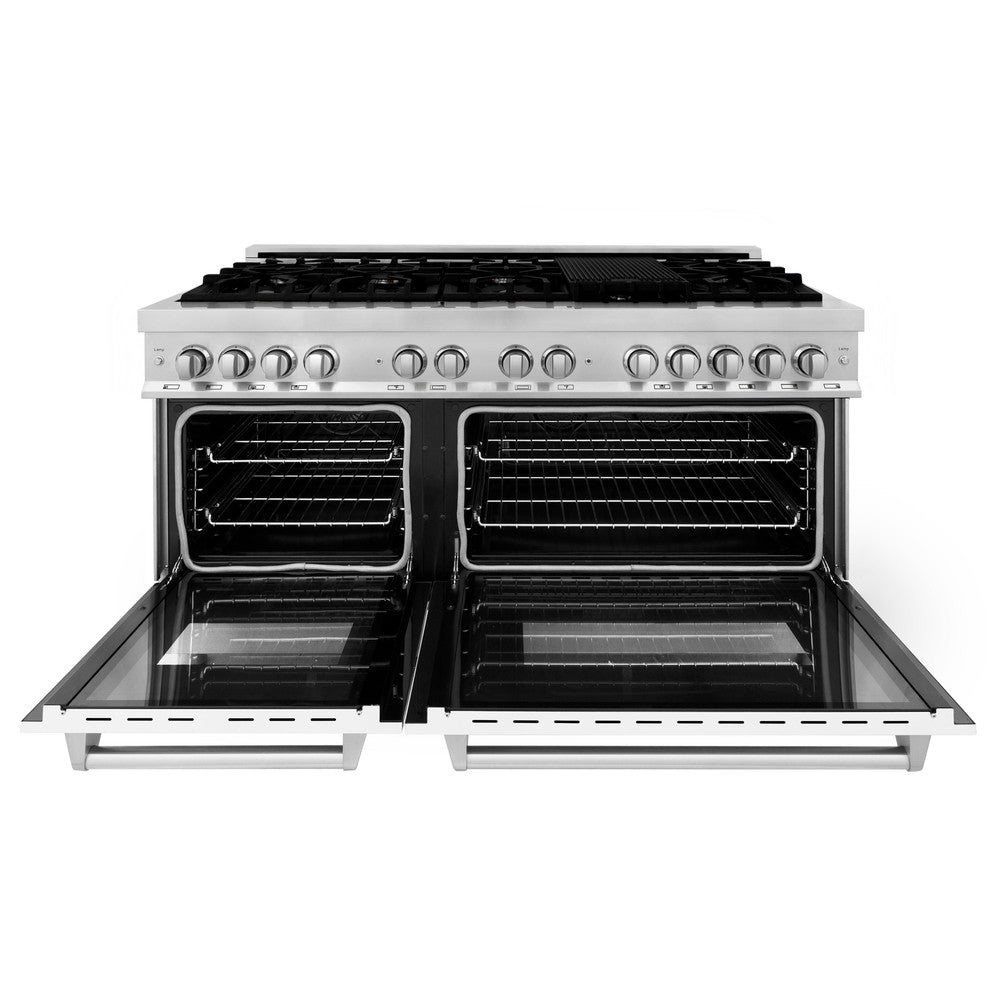 60 In. 7.4 Cu. Ft. Legacy Dual Fuel Range With 9 Burner Gas Cooktop And 2 Electric Convection Ovens In Stainless Steel And White Matte Doors RAWM60