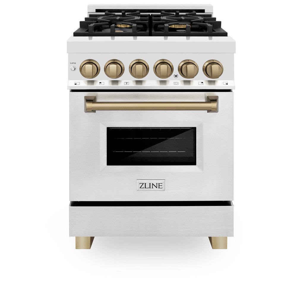 Autograph Edition 24 In. 2.8 Cu. Ft. Legacy Dual Fuel Range With 4 Burner Gas Cooktop And Electric Convection Oven In Stainless Steel And Champagne Bronze Accents RAZ24CB
