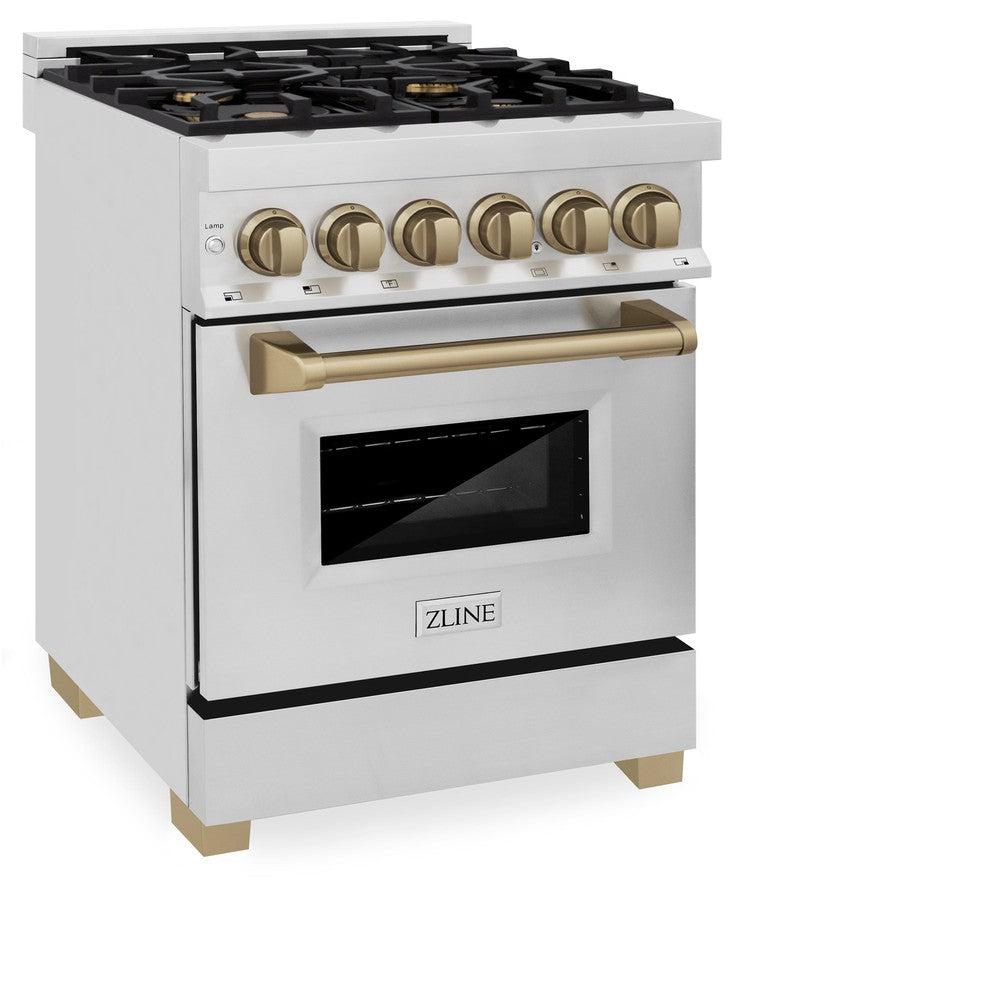 Autograph Edition 24 In. 2.8 Cu. Ft. Legacy Dual Fuel Range With 4 Burner Gas Cooktop And Electric Convection Oven In Stainless Steel And Champagne Bronze Accents RAZ24CB