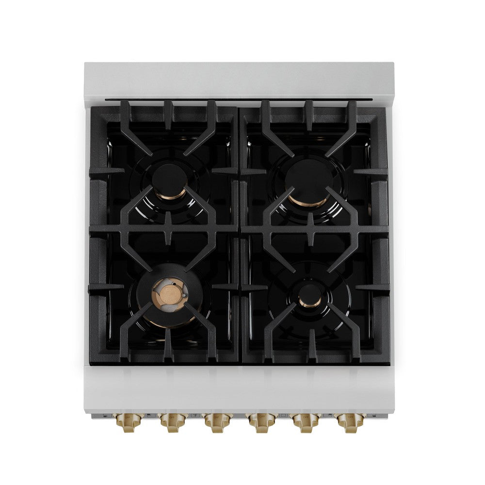 Autograph Edition 24 In. 2.8 Cu. Ft. Legacy Dual Fuel Range With 4 Burner Gas Cooktop And Electric Convection Oven In Stainless Steel And Champagne Bronze Accents RAZ24CB