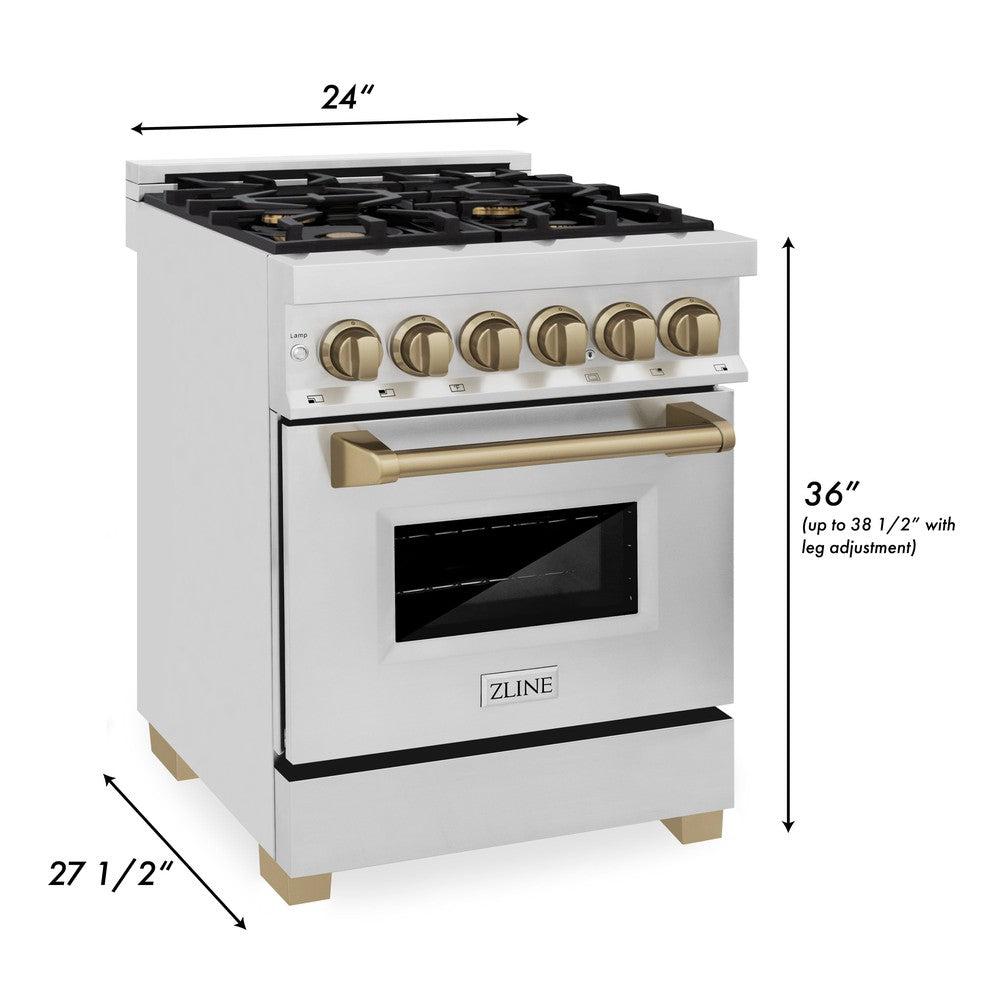 Autograph Edition 24 In. 2.8 Cu. Ft. Legacy Dual Fuel Range With 4 Burner Gas Cooktop And Electric Convection Oven In Stainless Steel And Champagne Bronze Accents RAZ24CB