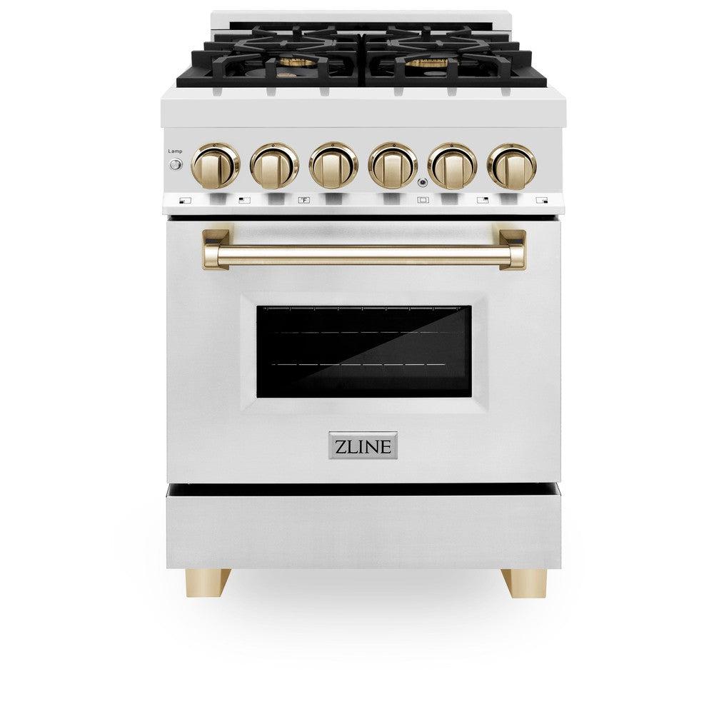 Autograph Edition 24 In. 2.8 Cu. Ft. Legacy Dual Fuel Range With 4 Burner Gas Cooktop And Electric Convection Oven In Stainless Steel And Polished Gold Accents RAZ24G