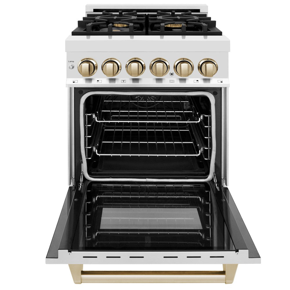 Autograph Edition 24 In. 2.8 Cu. Ft. Legacy Dual Fuel Range With 4 Burner Gas Cooktop And Electric Convection Oven In Stainless Steel And Polished Gold Accents RAZ24G